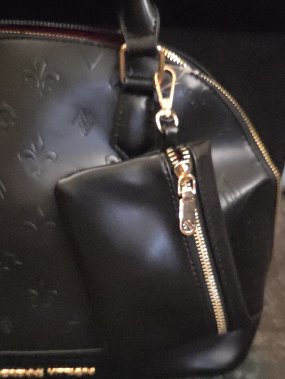 Adrienne Vittadini Black Embossed Dome Satchel with Pouch - Picture 3 of 5